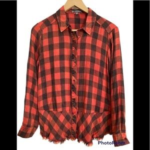 Wit & Wisdom Buffalo-Check Frayed Hem Peplum Plaid Button Up Shirt - XS